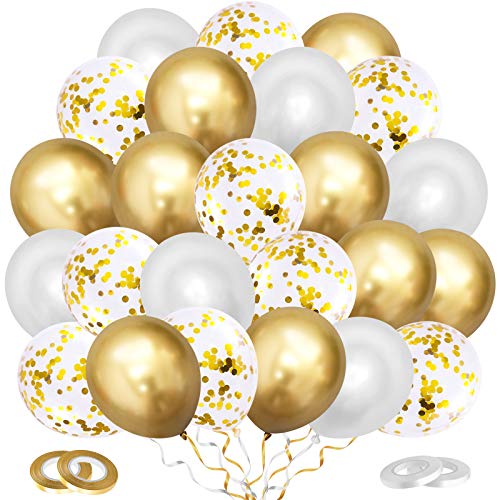 Dudu Cream Metallic Gold Luftballons Set, 60 Stück Weiß Golden Helium Ballons & Gold Konfetti Luftballons mit Bändern für Geburtstag Hochzeit Babyparty Abschluss Neujahr Silvester Party Deko von Dudu Cream