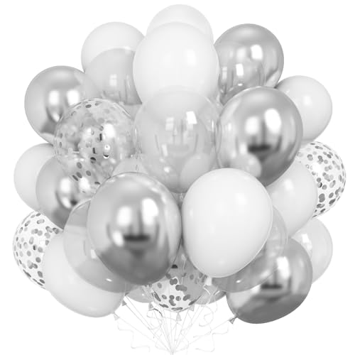 Silber Weiß Luftballons Set, 60 Stück 12 Zoll Metallic Chrom Silber Konfetti Ballons und Klar Weiss Latex Helium Luftballons mit Band für Geburtstag Hochzeit Babyparty Abschluss Neujahr Silvester Deko von Dudu Cream