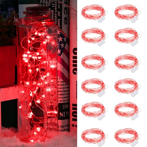 Dufuso 12 x 20er LED Lichterkette Batterie Dekoration für Weihnachts, Mini led lichterkette mit batterie CR2032, 2M Kupfer Drahtlichterkette Wasserdichte - Rot von Dufuso