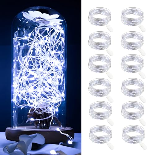 Dufuso 12 x 20er LED Lichterkette Batterie kaltweiß Dekoration für Weihnachten, Mini led lichterkette mit batterie CR2032, 2M Kupfer Drahtlichterkette Wasserdichte(kaltweiß) von Dufuso