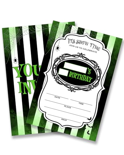 Dumyum Gruselige Beetlejuice Geburtstagseinladungen, 20 schwarz-weiß gestreifte Halloween-Geburtstagseinladungen mit Umschlägen, doppelseitig Dumyum Gruselige Beetlejuice Geburtstagseinladungen, 20 schwarz-weiß gestreifte Halloween-Geburtstagseinladungen mit Umschlägen, doppelseitig von Dumyum