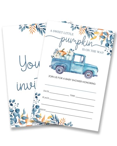 Pumpkin Babyparty-Einladungen für Jungen, ein kleiner Kürbis ist auf dem Weg, 20 Einladungen für Babyparty mit Umschlägen, doppelseitig, Motiv: Herbstblaue LKWs Pumpkin Babyparty-Einladungen für Jungen, ein kleiner Kürbis ist auf dem Weg, 20 Einladungen für Babyparty mit Umschlägen, doppelseitig, Motiv: Herbstblaue LKWs von Dumyum