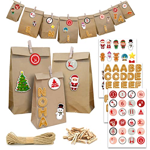 DuneDesign XXL SET MIT NAMEN: Adventskalender zum Befüllen große Tüten - 24 Papiertüten in 3 Größen 100 Sticker Bastelset DIY Adventskalender Zubehör Personalisierte Adventskalender zum Selber Basteln von DuneDesign