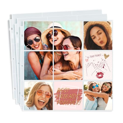 Dunwell Fotoalbumhüllen für 10,2 x 10,2 cm (4 x 4 Zoll), passend für 30,5 x 30,5 cm große 3-Ring-Albumbinder, 12 x 12 Scrapbook-Seiten mit 9 quadratischen Taschen, Fotoseiten-Nachfüllpackungen für 900 von Dunwell