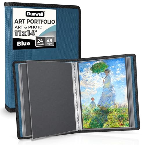 Dunwell Kunst-Portfolio-Ordner mit Montagepapier (blau), große Portfolio-Mappe zur Aufbewahrung von Kunstwerken, 24 Hüllen, 48 Seiten, säurefreies Poly-Präsentationsbuch, 28 x 35 cm von Dunwell