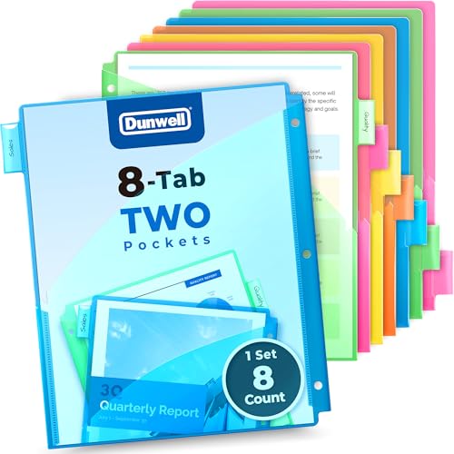 Dunwell Trennblätter mit 8 Registerkarten und zwei Taschen, Kunststoff-Schlitz-Trennblätter mit Tabs, mehrfarbig, 3-Ringbuch-Tasche mit Index-Tab, säurefrei, Poly-Notizbuch-Trennwand, inklusive von Dunwell