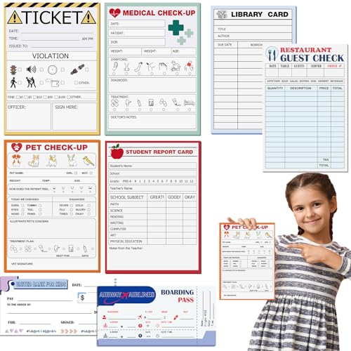 Dunzoom 8 Pack Kids Pretend Play Notepads Doctor/veterinarian/teacher/police Ticket/restaurant/boarding Pass/checks Notepads for Kids Imaginary Play von Dunzoom