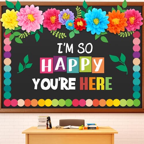 Dunzoom Klassenzimmer Pinnwand Dekoration 3D Seidenpapier Blumen Back to School Pinnwand I'm So Happy You're Here Wand Motivierende Dekoration für Schule Vorschule Elementary Kreidetafel von Dunzoom