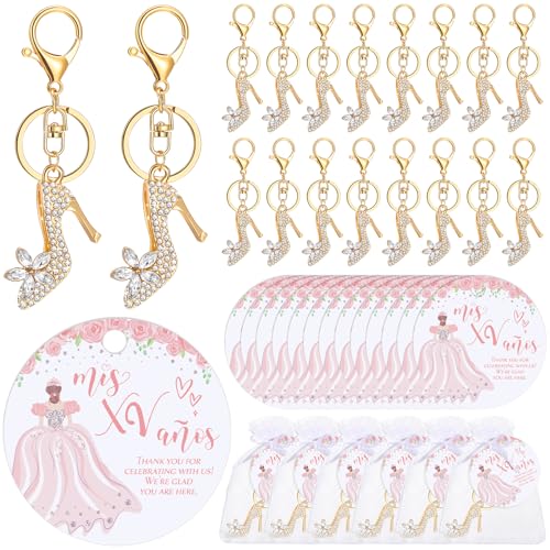 Dunzoom Quinceanera Partygeschenke für Gäste, 18 High-Heel-Schlüsselanhänger, 18 Dankeskarten, kleine Quinceanera-Karten, 18 Organza-Beutel für 15 Geburtstagsgäste, Mädchen, Geschenk, Partygeschenke von Dunzoom