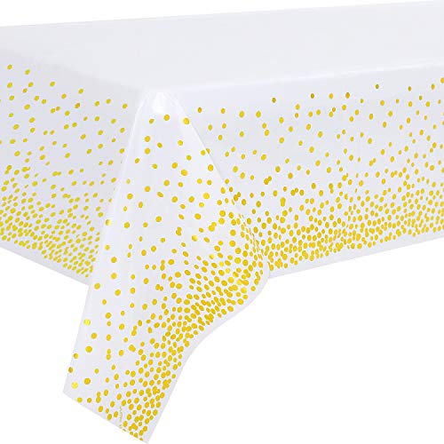 2 Stück Weiß und Gold Party Tischdecke Einweg für Rechteck Tisch, Gold Dot Confetti Geburtstag Tischdecke für Braut Shower, Jahrestag, Verlobung, Hochzeit, Einweihungsparty, Weihnachten137 cm x 274 cm von Duocute