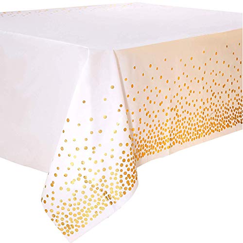 4 Stück Weiß und Gold Party Tischdecke Einweg für Rechteck Tisch, Gold Dot Confetti Geburtstag Tischdecke für Braut Shower, Jahrestag, Verlobung, Hochzeit, Einweihungsparty, Weihnachten137 cm x 274 cm von Duocute