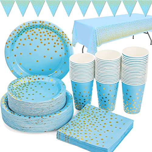 Blau und Gold Partygeschirr 99 Stück Golden Dot Partyteller Set Enthält Pappteller, Servietten, 9-Unzen-Tassen, Tischdecke, Banner, für Baby Shower, Jungen Geburtstag, Hochzeit, Severs 24 Blau und Gold Partygeschirr 99 Stück Golden Dot Partyteller Set Enthält Pappteller, Servietten, 9-Unzen-Tassen, Tischdecke, Banner, für Baby Shower, Jungen Geburtstag, Hochzeit, Severs 24 von Duocute