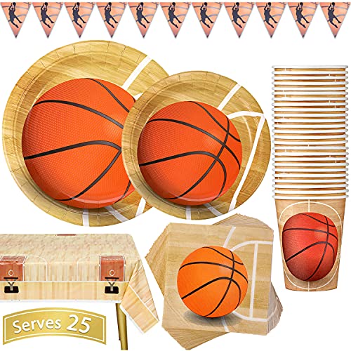 Duocute Basketball Partygeschirr 102 Stück Geburtstag Partyteller Sportthema Kindergeburtstag Geschirr Set Enthält Teller, Tassen, Servietten, Tischdecke und Banner, für 25 Gäste von Duocute