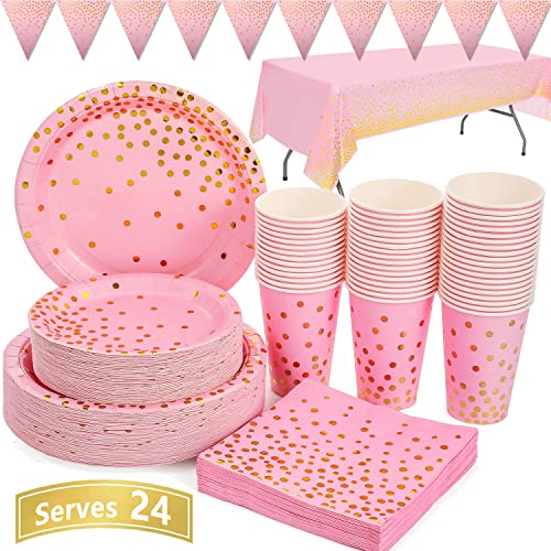 Duocute Pink und Gold Partygeschirr 99 Stück Golden Dot Partyteller Set Enthält Pappteller, Servietten, 9-Unzen-Tassen, Tischdecke, Banner, für Bachelorette, Mädchengeburtstag, Babyparty, Severs 24 Duocute Pink und Gold Partygeschirr 99 Stück Golden Dot Partyteller Set Enthält Pappteller, Servietten, 9-Unzen-Tassen, Tischdecke, Banner, für Bachelorette, Mädchengeburtstag, Babyparty, Severs 24 von Duocute