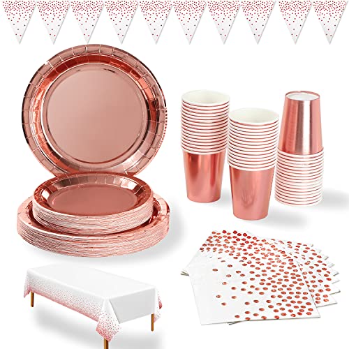 Duocute Rose Gold Party Partygeschirr 99 Stück Rose Golden Party Geschirr Pappteller, Servietten, 9oz Tassen, Tischtuch, Banner, für Geburtstag, Jubiläum, Hochzeit, Bachelorette Party (24 Gäste) von Duocute