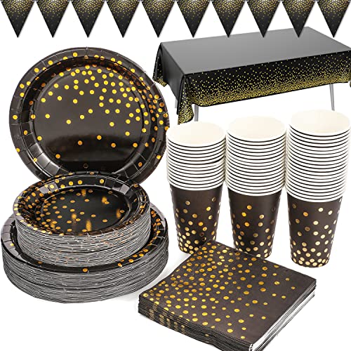 Duocute Schwarz und Gold Partygeschirr 99 Stück Golden Dot Partyteller Set Enthält Pappteller, Servietten, Tassen, Tischdecke, Banner, für Geburtstag, Abschlussfeier, Silvester, party, Severs 24 Duocute Schwarz und Gold Partygeschirr 99 Stück Golden Dot Partyteller Set Enthält Pappteller, Servietten, Tassen, Tischdecke, Banner, für Geburtstag, Abschlussfeier, Silvester, party, Severs 24 von Duocute