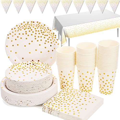 Weiß und Gold Partygeschirr 99 Stück Golden Dot Partyteller Set Enthält Pappteller, Servietten, Tassen, Tischdecke, Banner, für Brautdusche, Verlobung, Silvester, Hochzeit, Geburtstag, Severs 24 Weiß und Gold Partygeschirr 99 Stück Golden Dot Partyteller Set Enthält Pappteller, Servietten, Tassen, Tischdecke, Banner, für Brautdusche, Verlobung, Silvester, Hochzeit, Geburtstag, Severs 24 von Duocute