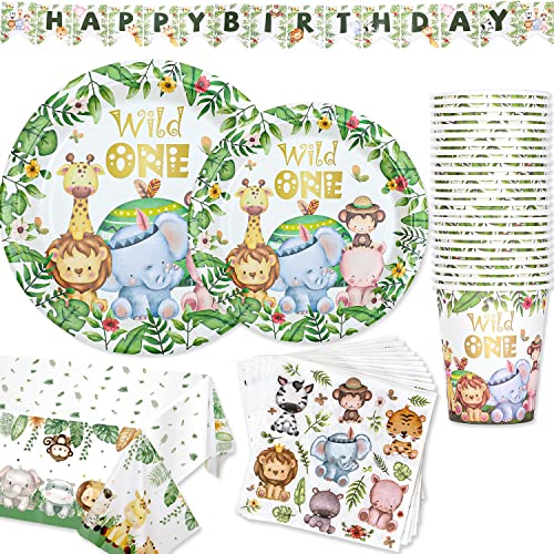 Wild One Geburtstag Party Geschirr 98 Stücks Dschungel Safari Thema Papier Teller Tassen Servietten Tischdecke und Banner für Kinder Jungen Mädchen 1st Tier Geburtstag Geschirr Set 24 Gäste von Duocute