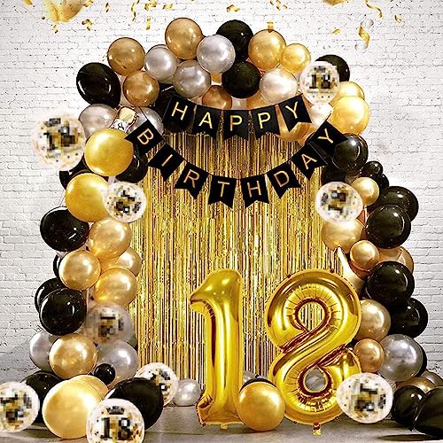 Luftballons-Set Zum 18. Geburtstag mit Happy Birthday-, Schwarz und Gold Glitzernd, Vielseitig Einsetzbar von Duokon
