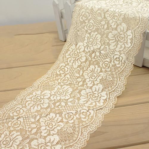 1 Meter 18cm Breite Bunte Elastizität Spitzenbordüre Spitzenband,Pfingstrose Blumen Spitzenborte Dekoband Zierspitze Zierband Spitzenstoff zum Nähen DIY Basteln Kleidung Unterwäsche Deko,Beige von Duories