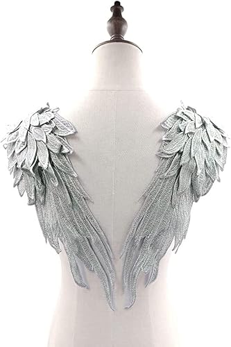 1 Paar 3D Stickerei Spitze Bestickte Flügel Applikation DIY Kleidung Zubehör Mehrfarbig Spitzenmotive Patches Polyester Nähen Handwerk Zubehör,Ideal für Hochzeit Braut Ballkleid,39x15cm,Silbergrau von Duories