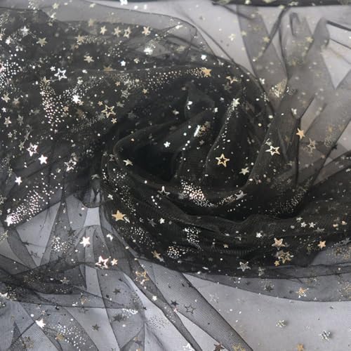 1 Yard Glitzer Tüllstoff mit Sternen, Tüll Stoffe zum Nähen, Perfekter Dekostoff für Party Hochzeit Deko, Bekleidung, Tüllrock, Tischdecke, Vorhänge Dekorieren und Basteln 150cm breit, Schwarzgold von Duories