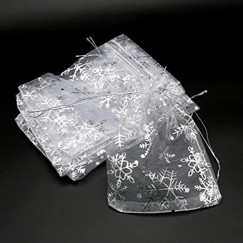 100x Organzasäckchen mit Schneeflocken,13x18cm Organzabeutel Zum Befüllen,Tunnelzug Organza Schmuckbeutel für Schmuck Süßigkeiten Baby Shower Party Weihnachts Verpackung Hochzeit Bonbonsbeutel,Silber von Duories