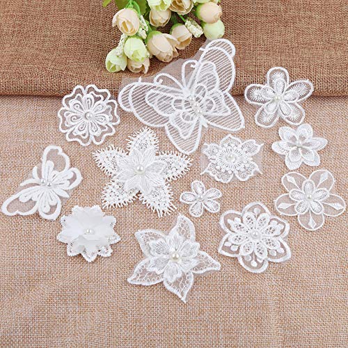 12 Stück Spitze Organza Stickerei Weiß Perlen Schmetterlings Blumen Applique Patches Sticker Aufnäher Applikation Flicken zum Aufnähen Gestickte Basteln und Dekorieren Kleidung Tischtuch Taschen Schal von Duories