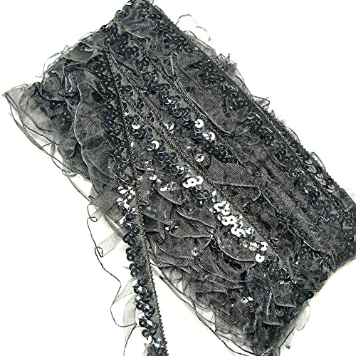 12Yard 25-30mm Vintage Glitzer Pailletten Organza Rüschen Borten Spitzenband Paillettenband Spitzenborte Dekoband Zierband Pailletten Bänder Plissiertborten für DIY Nähen Hochzeit Kostüme Deko,Schwarz von Duories