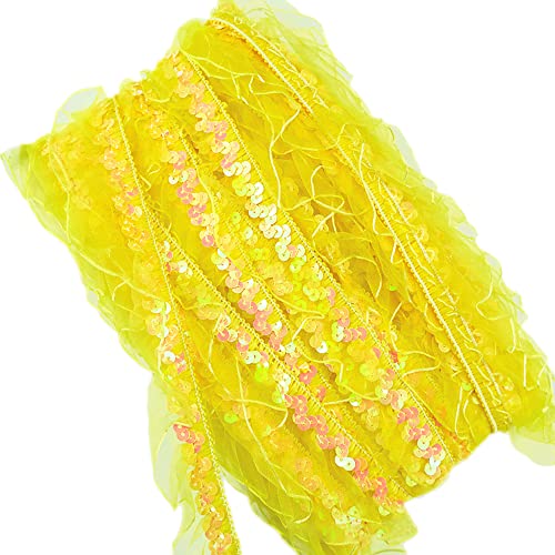 12Yards 25-30mm Vintage Glitzer Pailletten Organza Rüschen Borten Spitzenband Paillettenband Spitzenborte Dekoband Zierband Pailletten Bänder Plissiertborten für DIY Nähen Hochzeit Kostüme Deko,Gelb von Duories