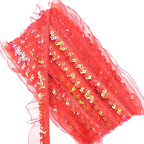 12Yards 25-30mm Vintage Glitzer Pailletten Organza Rüschen Borten Spitzenband Paillettenband Spitzenborte Dekoband Zierband Pailletten Bänder Plissiertborten für DIY Nähen Hochzeit Kostüme Deko,Rot von Duories