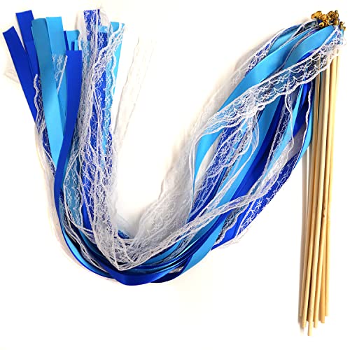 20 Stk Seidenfeenstab mit Glöcken,Hochzeit Luftschlangen Ribbon Spitzenfeenstab Zauberstäbe Hochzeitsbändern Glücksstäbe Wedding Wands für Hochzeit Geburtstage Weihnachten Partys Babypartys,Blau von Duories