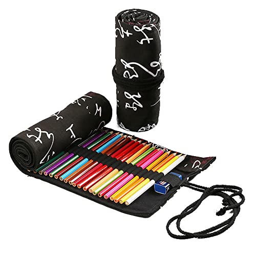 24 Loch Handgefertigter Canvas-Bleistiftwickel,Unisex Federmäppchen Pencil Case Bleistift Wrap Kasten Bleistifthalter Schreibwarenbeutel Bleistift Beutel für Künstler Schule Büro,Schwarze Kalligraphie von Duories