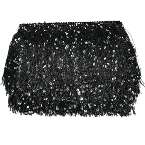2m x 15cm Glitzer Pailletten Fransenborte Fransenbordüre Tanzfransen Fransenband Dekoband Zierband Schnittfranse Seide Quaste Dekoborte Fransen-Borten Bänder zum Nähen Kleidung Vorhänge,Schwarz von Duories