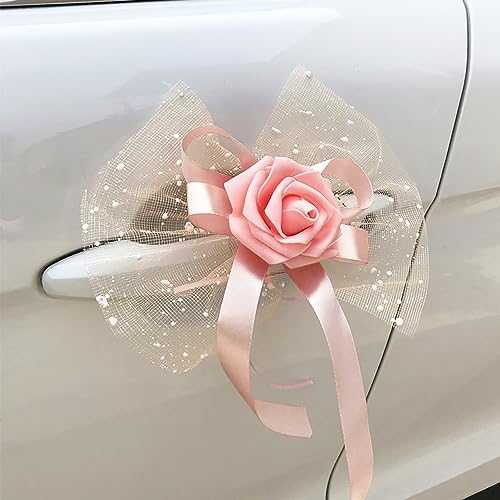 4 Stück Autoschmuck Hochzeit Auto Deko Rose Blumen Dekoschleife Fertigschleife Autoschleifen Antennenschleifen für Hochzeit Deko Auto Rückspiegel Türgriff Deko Blumen,Sekt von Duories