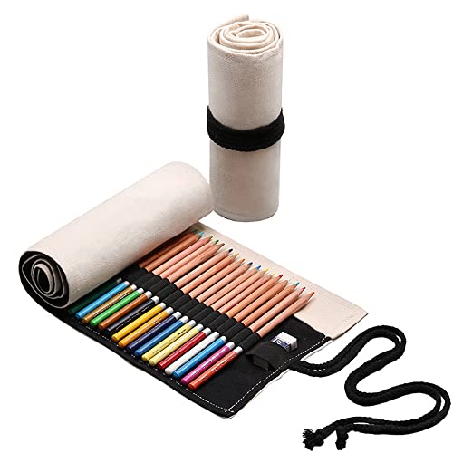 48 Loch Handgefertigter Canvas-Bleistiftwickel,Unisex Federmäppchen Pencil Case Bleistift Wrap Kasten Bleistifthalter Schreibwarenbeutel Bleistift Beutel für Künstler Schule Büro,Beige schwarzes Seil von Duories