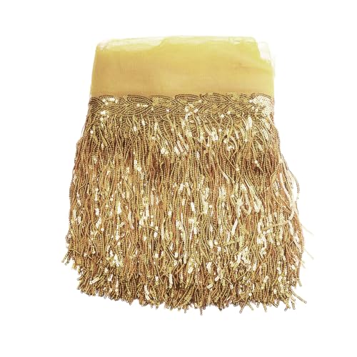 5 Yards 20cm Bling Pailletten Fringe Trim Fransen Quaste Fransenborte Fransenband Fransenbordüre Dekoband Tanzfransen Fransen-Borten Bänder zum Nähen,DIY Basteln,Kleidung Dessous Vorhänge,Dunkles Gold von Duories