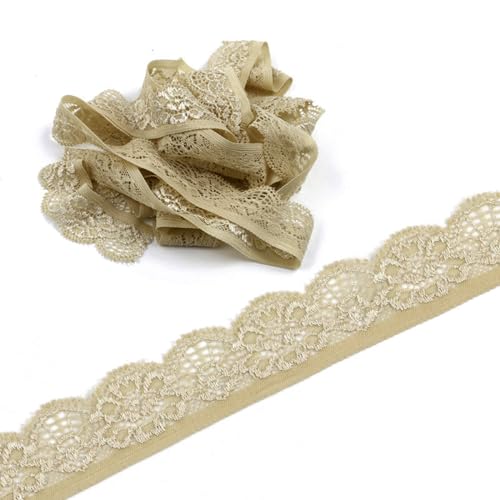 5 Yards Elastizität Spitzenband Spitzenborte, 25mm Spitzenbordüre Spitzenbesatz Dekoband Zierband Borten Bänder zum Nähen,Spitze-Borten für Handwerk Nähzubehör Kleid Hochzeit Unterwäsche, Khaki von Duories