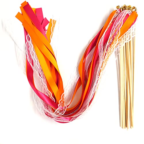 50 Stk Seidenfeenstab mit Glöcken,Hochzeit Luftschlangen Ribbon Spitzenfeenstab Zauberstäbe Hochzeitsbändern Glücksstäbe Wedding Wands für Hochzeit Geburtstage Weihnachten Partys Babypartys,Orange von Duories