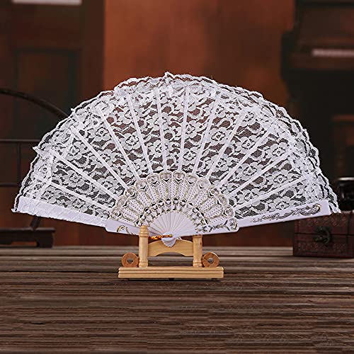 Damen Handfächer Stofffächer,Hochzeitsfächer Spitze,Vintage Spanische Barock Viktorianischen Sommer Faltfächer für Hochzeiten Geburttag Party Kostüm Halloween Karneval Fasching Tanzen Hand Fan,Weiß von Duories