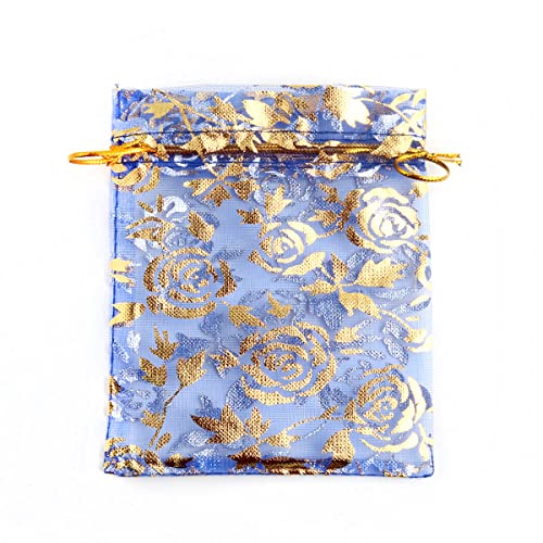 Duories 100 Stück 13x18cm Organzabeutel Organzasäckchen mit Zugband Schmuckbeutel Geschenkbeutel Gazesäcke Hochzeit Säckchen Bonbonsbeutel Rose Beutel für Geschenk Hochzeiten Partys Weihnachten,Blau von Duories