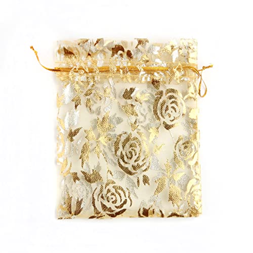 Duories 100 Stück 7x9cm Organzabeutel Organzasäckchen mit Zugband Schmuckbeutel Geschenkbeutel Gazesäcke Hochzeit Säckchen Bonbonsbeutel Rose Beutel für Geschenk Hochzeiten Partys Weihnachten,Gold von Duories