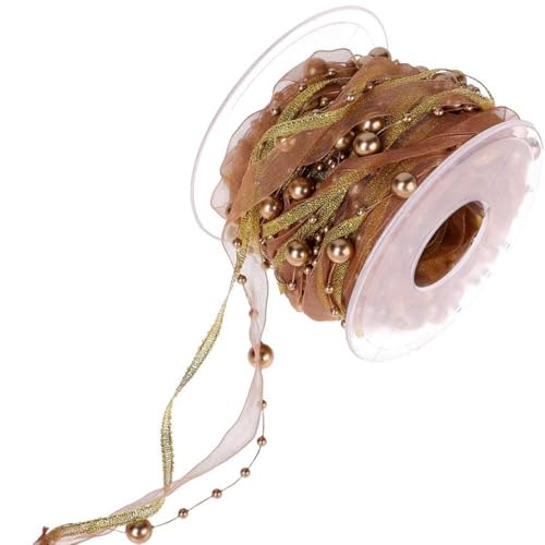 Duories 10m Perlengirlande mit Organza,8+3mm Perlenband,Geschenkband,Trendyband,Schleifenband,Dekoband Hängedeko Tischdeko Dekokette für Hochzeit Weihnachten Taufe Geburtstagsgeschenke,Gold von Duories