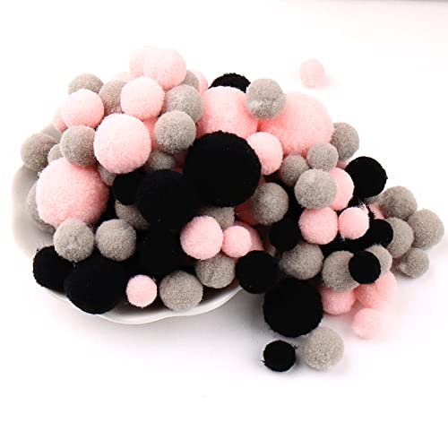 Duories 135 Bunte Pompons zum Basteln,10-30mm Mini Pompons Bälle Kleine Bommeln Kugeln,Flauschigen Bunte Pom Pom Deko Pompom Plüschbälle Bastel Zubehör für Nähen Deko DIY Handwerk,Rosa Grau Schwarz von Duories