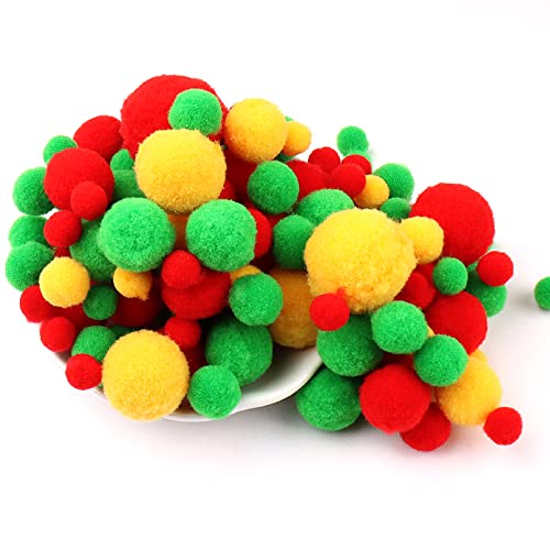 Duories 135 Bunte Pompons zum Basteln,10-30mm Mini Pompons Bälle Kleine Bommeln Kugeln,Flauschigen Bunte Pom Pom Deko Pompom Plüschbälle Bastel Zubehör für Nähen Deko DIY Handwerk,Rot Grün Gold von Duories