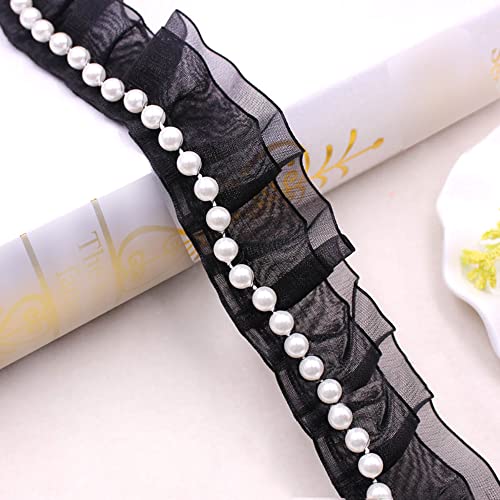 Duories Doppelrüschen Spitzenband Elastisches Stoff Spitzenbesatz Rüschen Spitzenborte zum Nähen Handwerk Geschenkbox Kleidungsdekoration DIY Basteln Nähen Kleidung Tischdeko,5 Yards,Schwarz von Duories