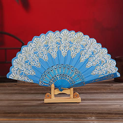 Handfächer Stofffächer,Vintage Faltfächer Chinesischer Stoff Fächer Faltfächer für Abkühlung im Sommer Hochzeit Geschenk Muttertag Party Kostüm Halloween Karneval Fasching Tanzen Hand Fan,Blau von Duories