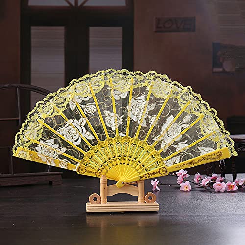 Hochzeitsfächer Spitze,Handfächer Spanische Barock Viktorianischen Faltfächer Klappfächer Vintage Damen Herren Folding Fans Fächer für Hochzeit Geschenk Party Kostüm Karneval Tanzen Fasching,Gelb von Duories