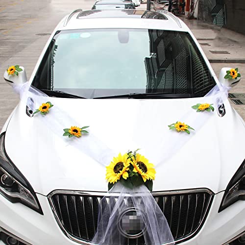 Organza Autoschmuck Hochzeit,Wedding Hochzeit Car Autodeko Girlande,Auto Schmuck Braut Paar Sonnenblume Deko,Hochzeits Autodeko Blumendekoration,Hochzeitsschmuck für Hochzeits Verlobt Party,Weiss B von Duories