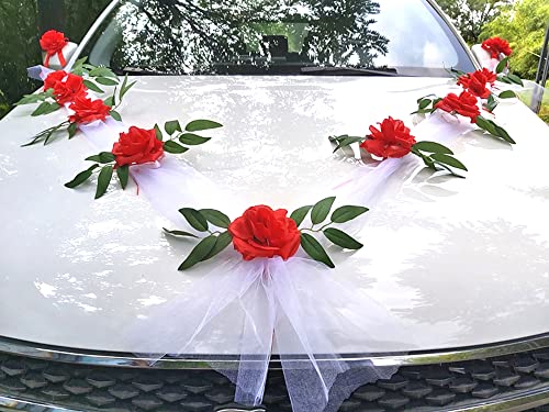 Organza Girlande Auto Schmuck Braut Paar Rosen Hochzeitsdeko Blumenschmuck Autoschmuck Hochzeitsauto Auto Rückspiegel Deko für Hochzeit Auto PKW Wedding New Houses Party Feier,Weiß Tüll+Rot Blume von Duories